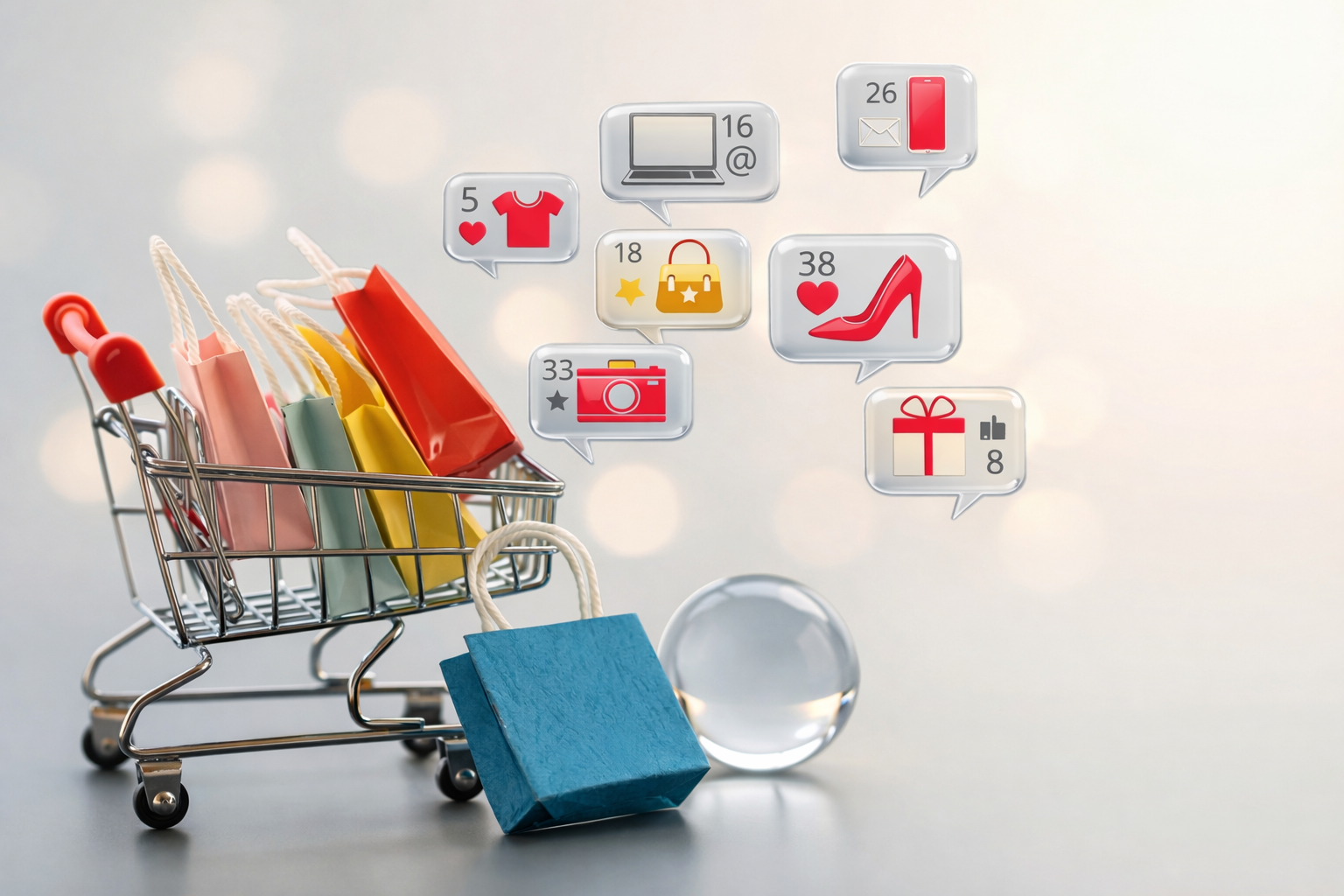 Shopping cart filled with colorful bags, surrounded by floating eCommerce icons for likes, messages, and product engagement.