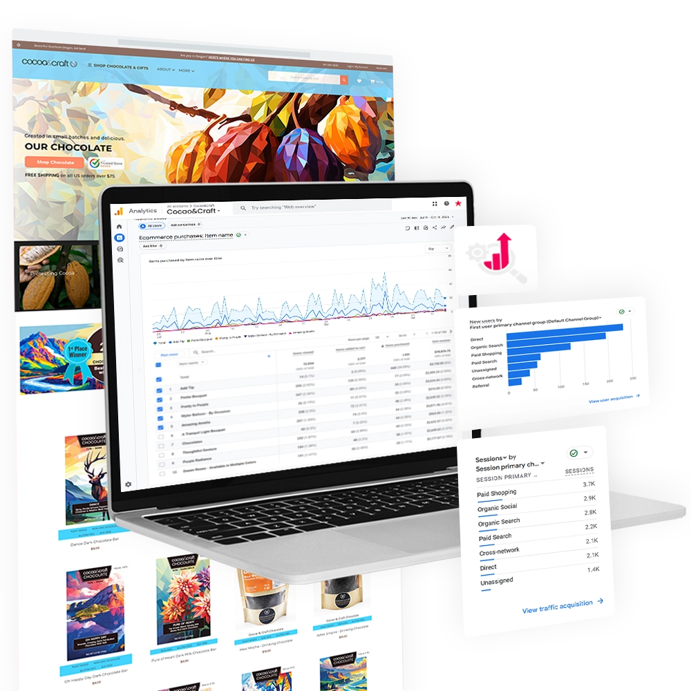 A real estate agent in a suit greets and shakes hands with a smiling couple inside a modern home overlooking the water. Surrounding the main photo are floating icons, including a Google Business Profile icon, a website launch icon, and a bar graph displaying user acquisition metrics.