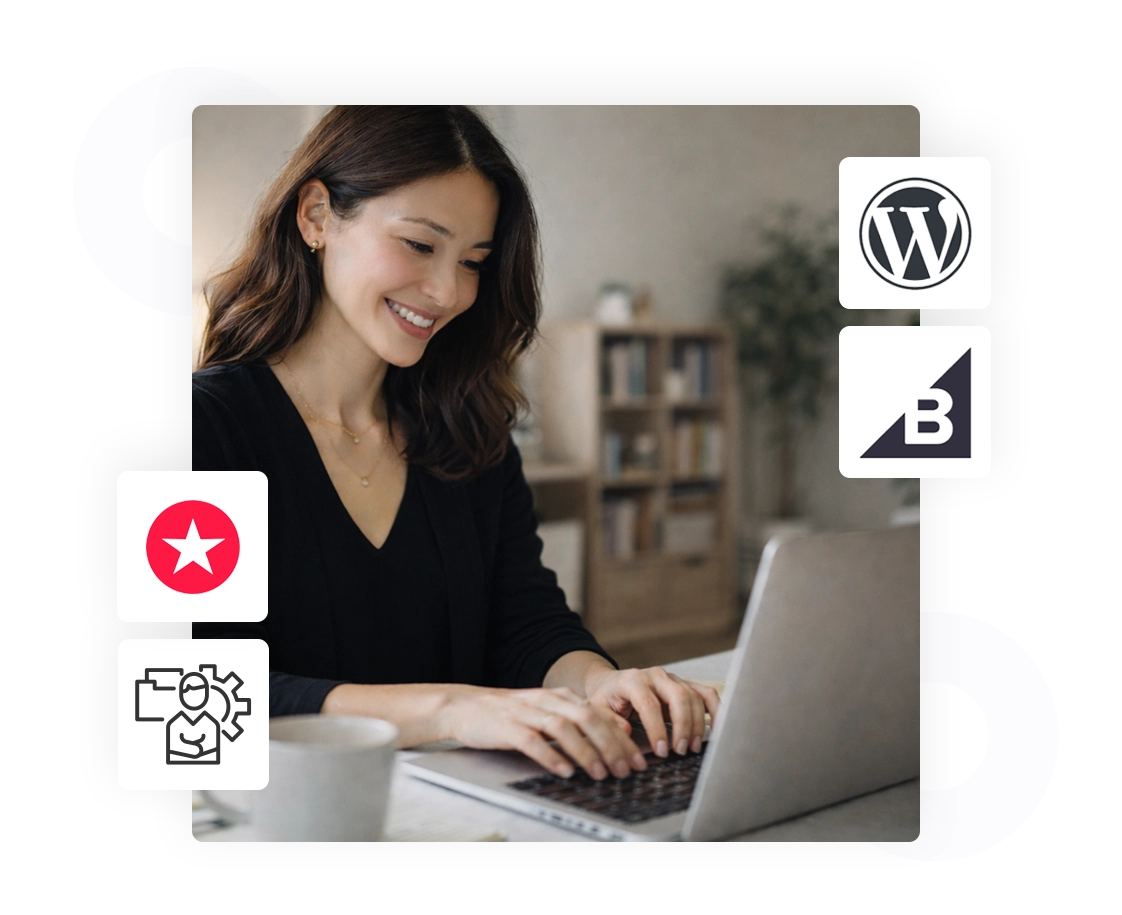 Florist at a laptop in a flower shop, with featured Epic Apps icons stacked on the right.