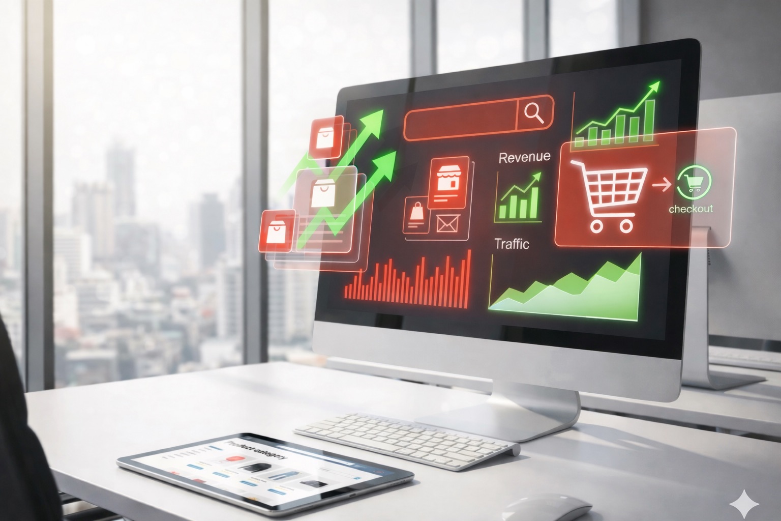 Desktop monitor displaying eCommerce performance dashboard with revenue, traffic, and checkout growth charts.