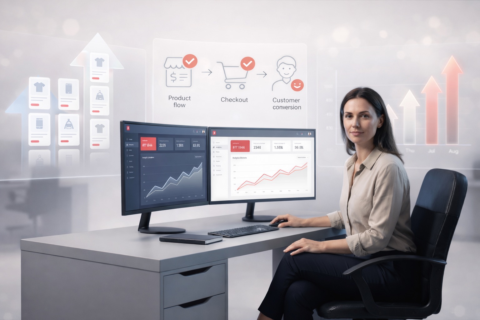 Business professional monitoring eCommerce dashboards on dual monitors, showing product flow, checkout, and customer conversion growth.