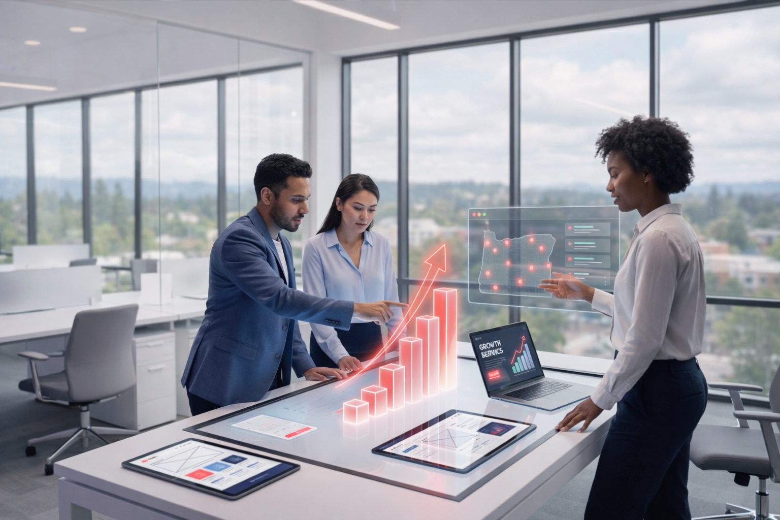 Team reviewing digital growth charts and analytics on interactive screens in a modern office setting.