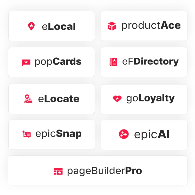 EpicApps dashboard displaying a grid of app tools, including eLocal, productAce, popCards, eFDirectory, and epicAI.