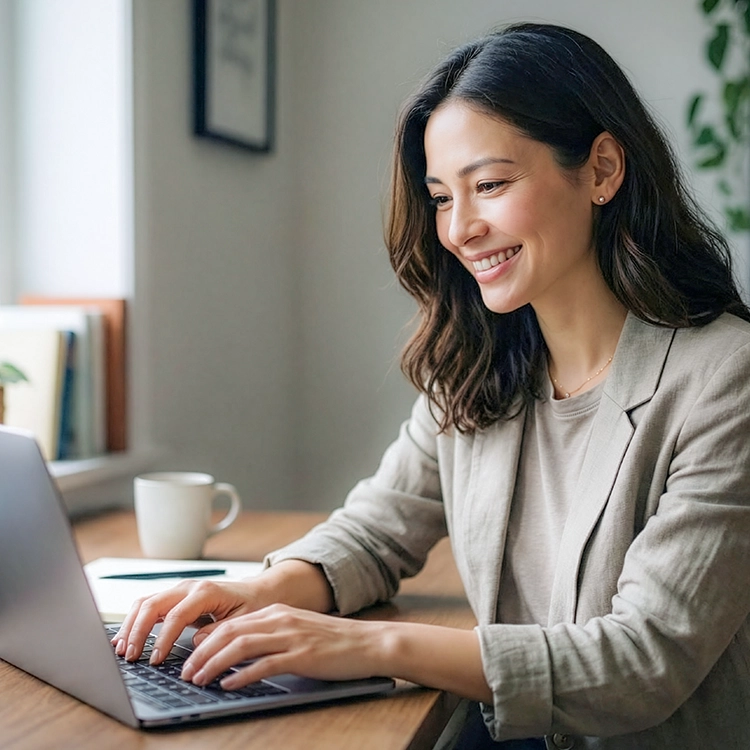 Epic Account Manager interface showing a smiling professional working on a laptop in a modern office setting.