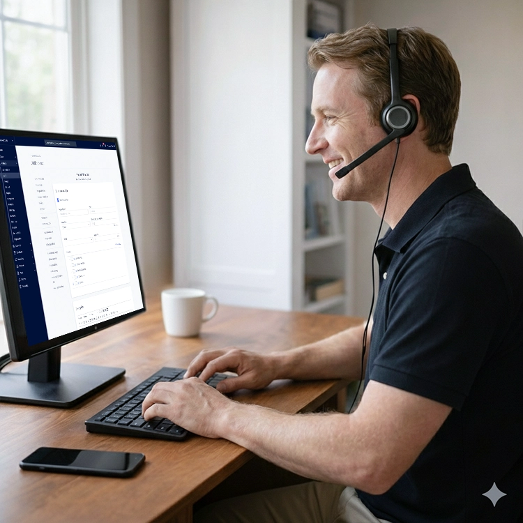 Epic Client Support representative wearing a headset, assisting customers while working at a desktop computer.