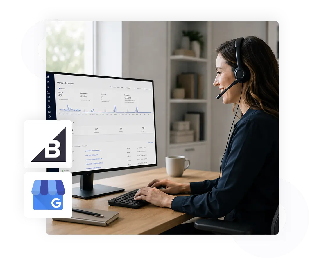 Woman wearing a headset working at a desktop computer displaying an eCommerce analytics dashboard in a modern home office, with BigCommerce and Google Business profile icons beside the workspace. Woman wearing a headset working at a desktop computer displaying an eCommerce analytics dashboard in a modern home office, with BigCommerce and Google Business profile icons beside the workspace.