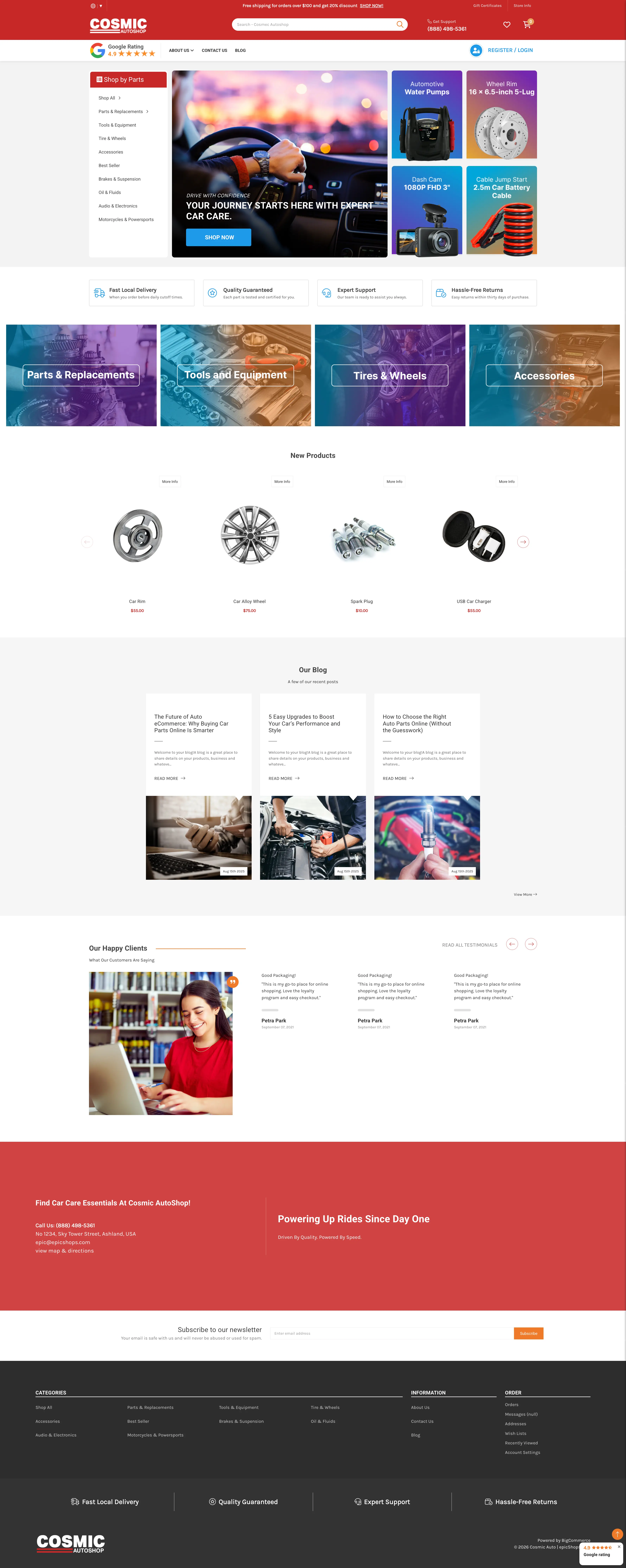 Full homepage screenshot of the Cosmic AutoShop automotive eCommerce website featuring a red-and-black design, car care hero banner, auto parts and accessories categories, featured automotive products, car maintenance blog posts, customer testimonials, newsletter signup, and footer navigation.