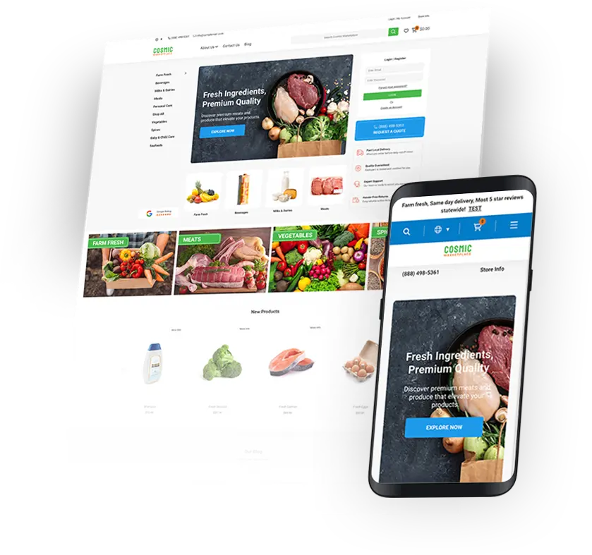 COSMIC website mockup with matching mobile screen, showcasing modern market products hero and product grid.