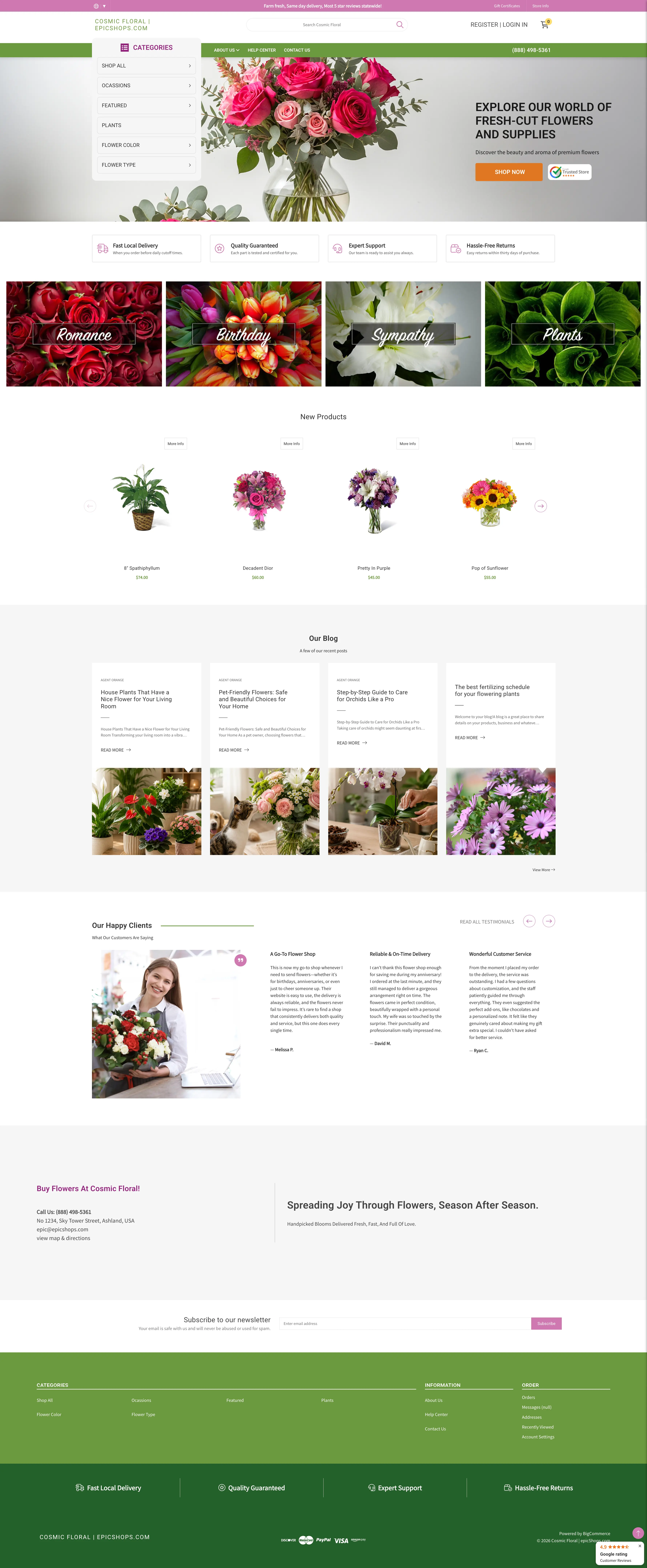 Full homepage screenshot of the Cosmic Floral flower shop eCommerce website featuring a floral-themed design with a bouquet hero banner, flower category sections for romance, birthday, sympathy, and plants, featured floral products, flower care blog posts, customer testimonials, newsletter signup, and green footer navigation.”