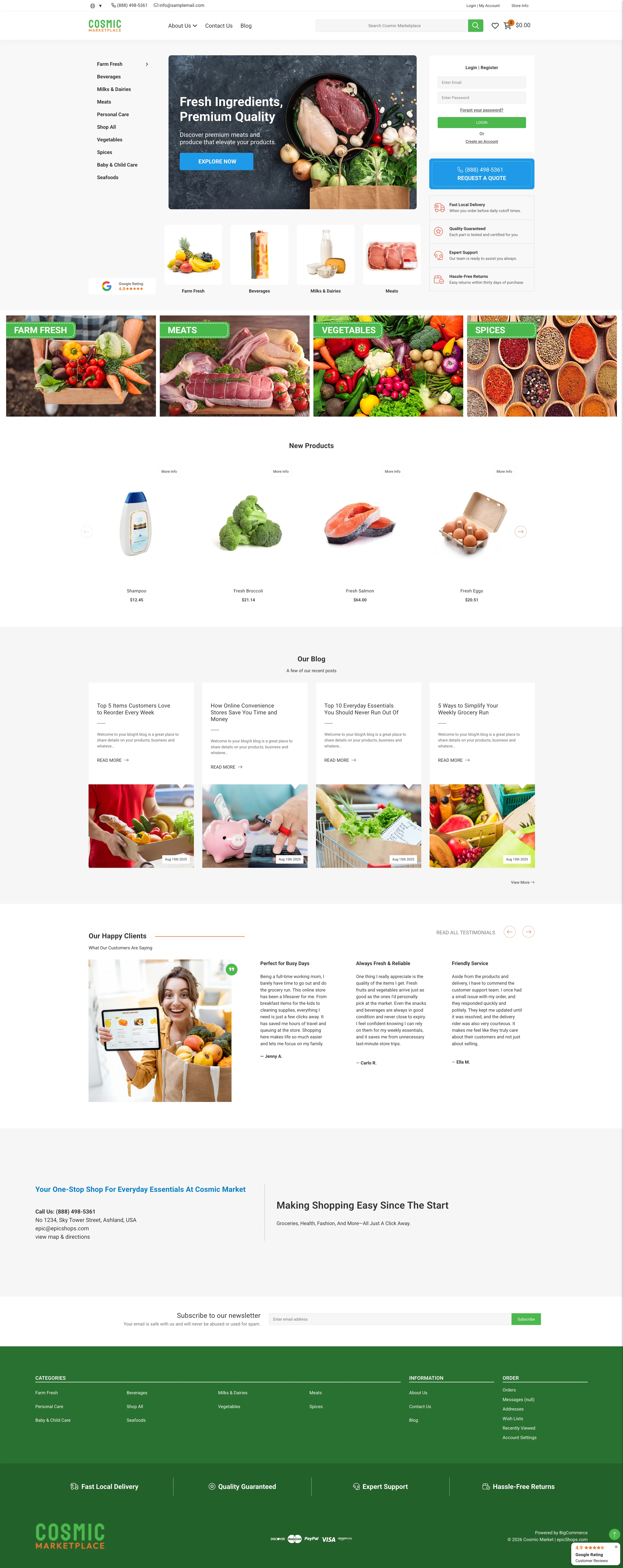Full homepage screenshot of the Cosmic Marketplace online grocery and essentials store featuring a green-and-white design, fresh food hero banner, grocery categories including farm fresh, meats, vegetables, and spices, featured grocery products, shopping tips blog posts, customer testimonials, newsletter signup, and footer navigation