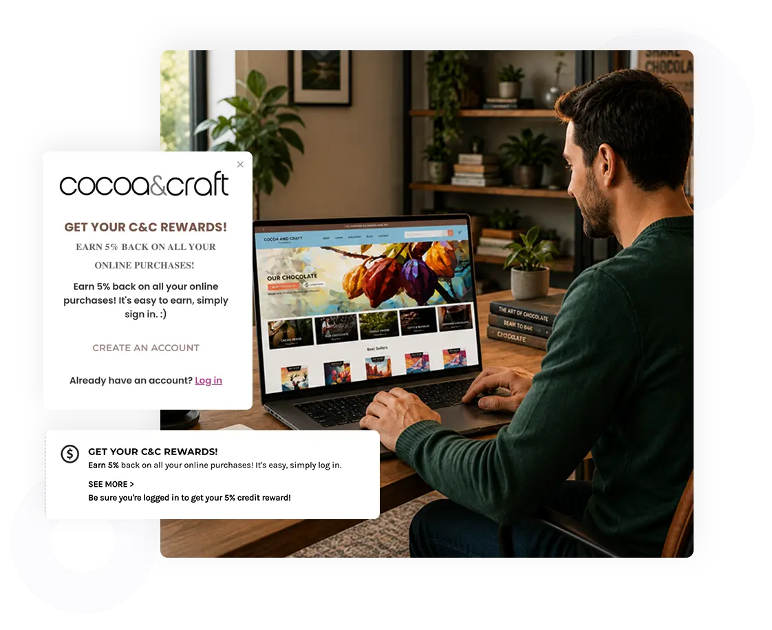 Man browsing the Cocoa & Craft website on a laptop in a cozy home office while goLoyalty reward pop-ups promote cashback rewards and customer loyalty incentives. Man browsing the Cocoa & Craft website on a laptop in a cozy home office while goLoyalty reward pop-ups promote cashback rewards and customer loyalty incentives.