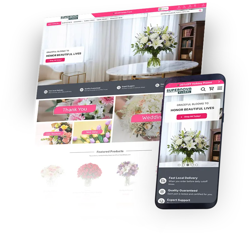 Mockup showcasing the Supernova Floral website in responsive desktop and mobile views, featuring elegant floral arrangements, pink promotional banners, and an online flower shop interface.