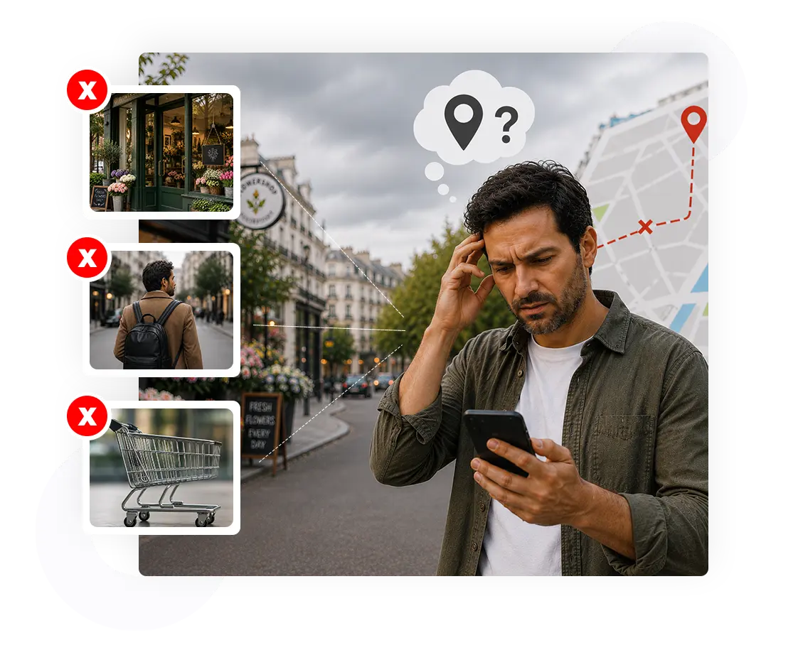 eLocate concept graphic showing a confused customer using a smartphone, with a flower shop, map and location pin in the background, plus inset images of a flower shop, a customer with a backpack, and an empty shopping cart marked with red X icons to represent lost sales and customers.
