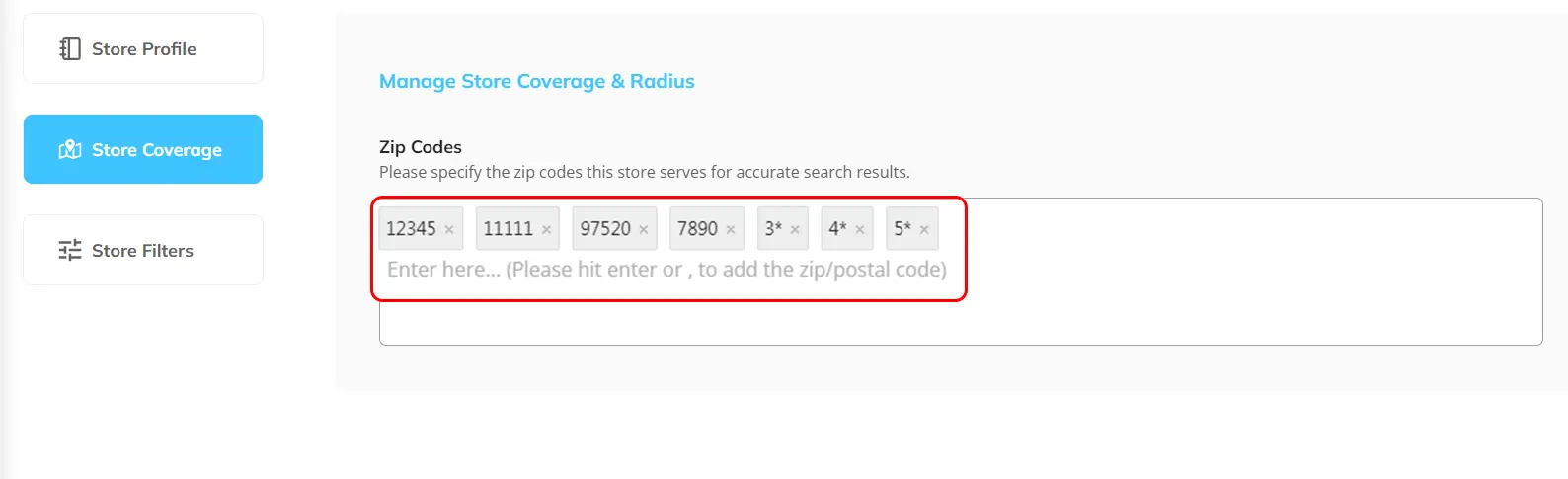 eLocate App store coverage screen showing the “Manage Store Coverage & Radius” section, where users can enter and manage ZIP or postal codes served by a store for accurate search results.
