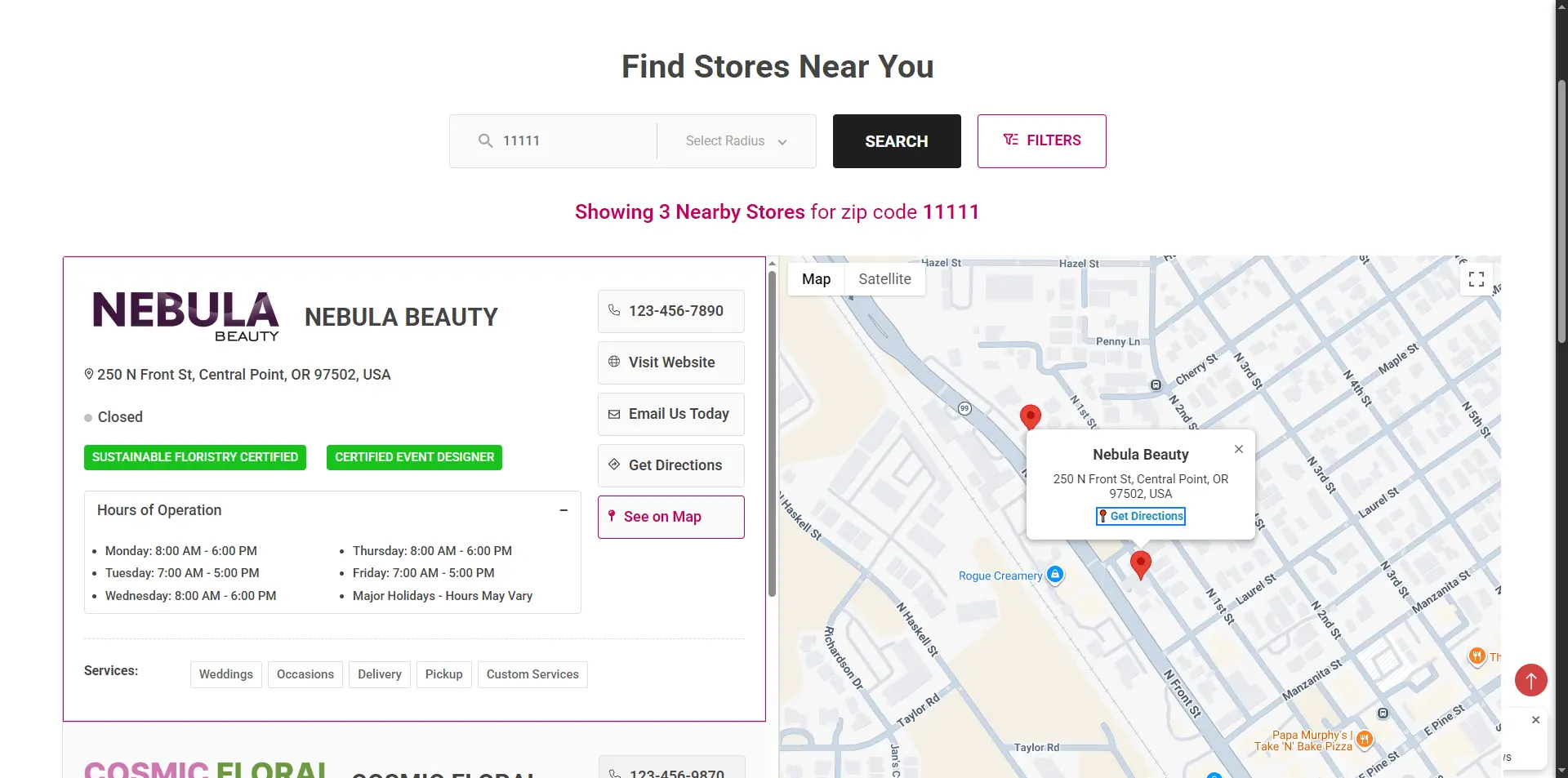 eLocate store locator screen showing three nearby stores for ZIP code 11111, with store details, contact options, services, hours of operation, and an interactive map with location pins.