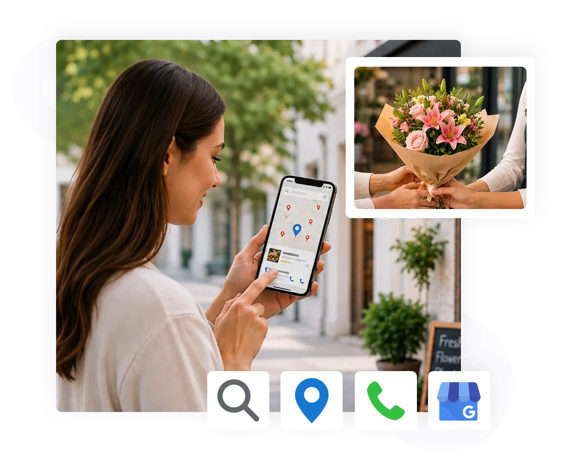 eLocate promotional graphic showing a customer using a smartphone to find a nearby business, with a flower bouquet inset and icons representing search, location, phone contact, and Google Business.