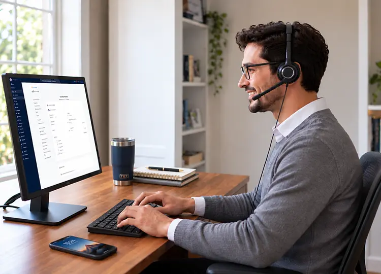 Epic Client Support representative wearing a headset, assisting customers while working at a desktop computer. Epic Client Support representative wearing a headset, assisting customers while working at a desktop computer.