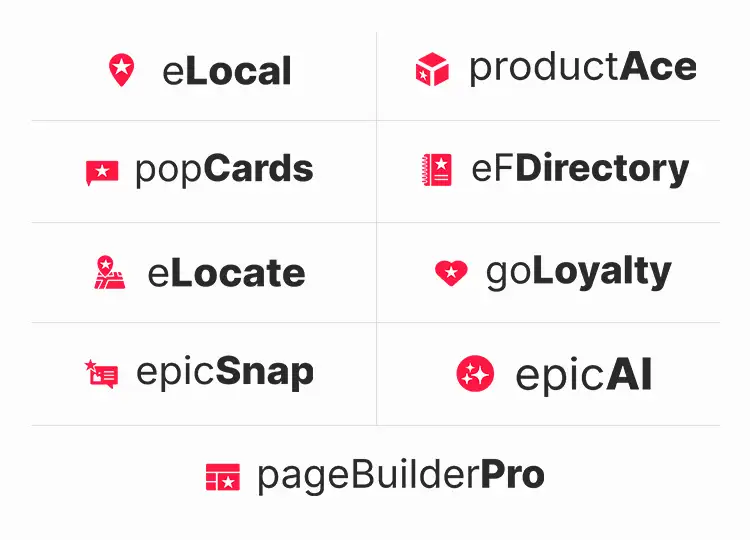 EpicApps dashboard displaying a grid of app tools, including eLocal, productAce, popCards, eFDirectory, and epicAI. EpicApps dashboard displaying a grid of app tools, including eLocal, productAce, popCards, eFDirectory, and epicAI.