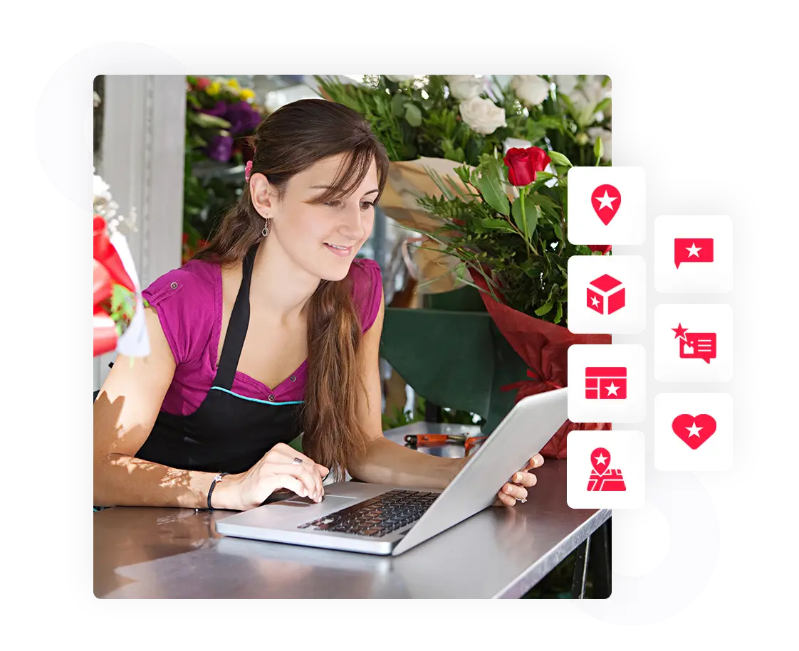 Florist at a laptop in a flower shop, with featured Epic Apps icons stacked on the right.