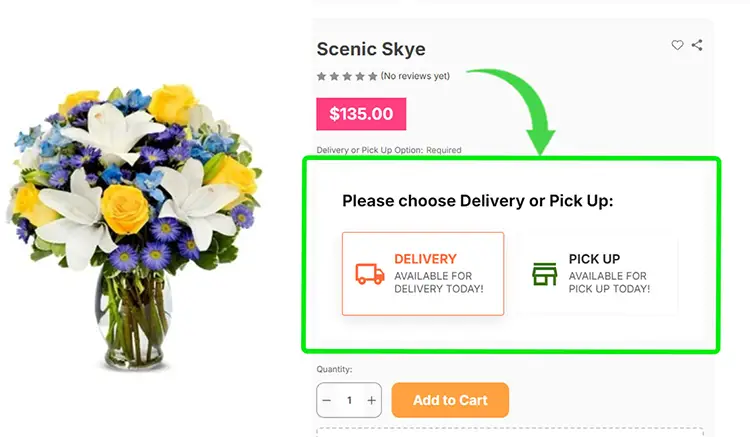 eLocal Apps epicApps integration for BigCommerce displaying delivery and pickup options on a product page. eLocal Apps epicApps integration for BigCommerce displaying delivery and pickup options on a product page.