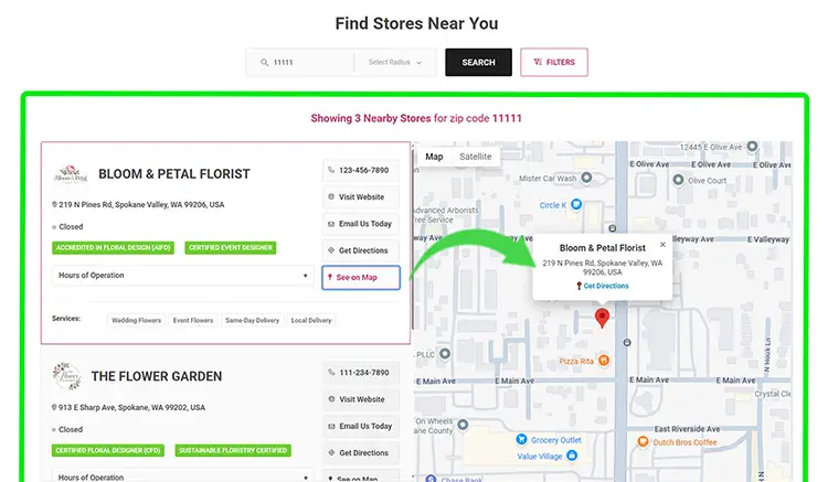 eLocate epicApps integration for BigCommerce displaying nearby flower stores, store details, search filters, and an interactive map. eLocate epicApps integration for BigCommerce displaying nearby flower stores, store details, search filters, and an interactive map.