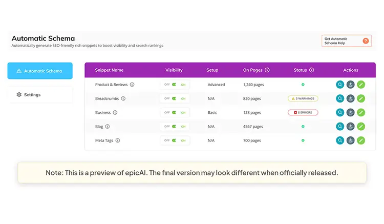 epicAI Apps integration for BigCommerce displaying automatic SEO schema settings, snippet visibility, setup options, page coverage, and status indicators. epicAI Apps integration for BigCommerce displaying automatic SEO schema settings, snippet visibility, setup options, page coverage, and status indicators.