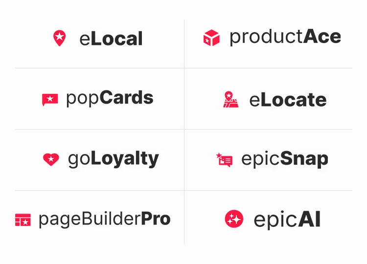 EpicApps dashboard displaying a grid of app tools, including eLocal, productAce, popCards, and epicAI.