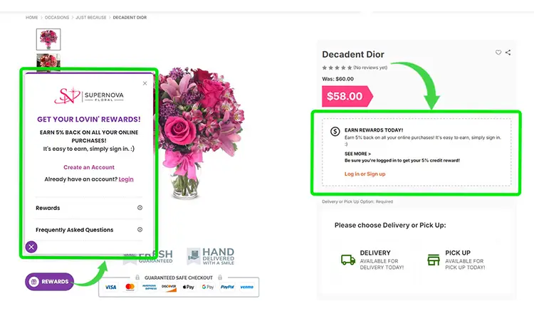 goLoyalty Apps epicApps integration for BigCommerce displaying a loyalty rewards popup, account login, and reward points on a product page. goLoyalty Apps epicApps integration for BigCommerce displaying a loyalty rewards popup, account login, and reward points on a product page.