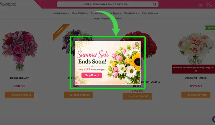popCards Apps integration for BigCommerce displaying a promotional popup with a seasonal sale banner, discount offer, and shop now button. popCards Apps integration for BigCommerce displaying a promotional popup with a seasonal sale banner, discount offer, and shop now button.