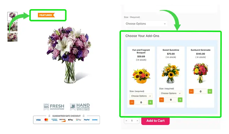 productAce Apps integration for BigCommerce displaying featured product labels and customizable add-on products with pricing, options, and quantity selectors. productAce Apps integration for BigCommerce displaying featured product labels and customizable add-on products with pricing, options, and quantity selectors.